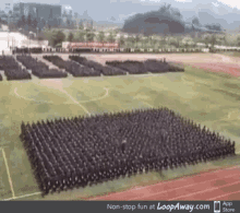 a large group of people are standing on a field with a loopaway.com logo in the corner