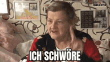 an elderly woman is sitting on a couch and making a funny face with the words ich schwore written on her face .