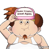 a cartoon character is wearing a hat that says make crypto great again
