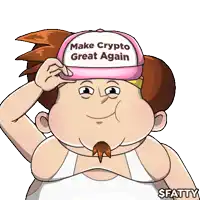 a cartoon character is wearing a hat that says make crypto great again