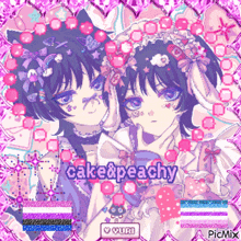 a pixel art of two anime girls with the words cake & peachy