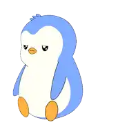 a cartoon drawing of a blue penguin with its eyes closed