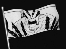 a black and white flag with a drawing of a man screaming