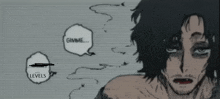 a drawing of a man with a speech bubble that says gimme