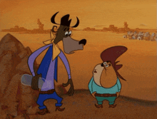 two cartoon characters are standing next to each other and one has a bottle in his hand