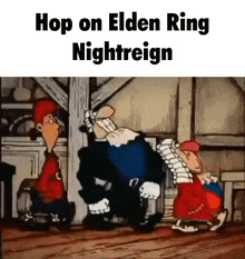 a cartoon says hop on elden ring nightreign on the bottom
