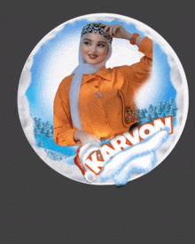 a picture of a woman in an orange shirt with karvon written on it