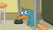 perry the platypus from phineas and ferb is eating something out of a bowl