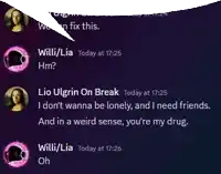 a screenshot of a conversation between willi / lia and lio ulgrin