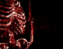 a bloody skeleton is holding a lollipop in his hand .