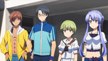 a group of anime characters standing next to each other in front of a building