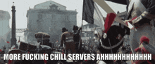 a crowd of people are gathered in front of a building with the words more fucking chill servers ahhhh