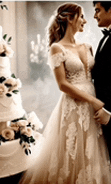 a bride and groom standing next to a wedding cake .