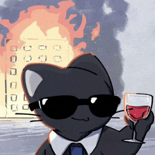 a cartoon cat wearing sunglasses holds a glass of wine in front of a burning building