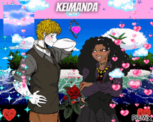 a picture of a man kissing a woman with the name keimanda written above them