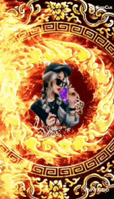 a woman is standing in a circle of flames .