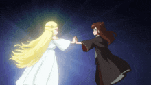 a girl in a white dress is standing next to a girl in a brown robe