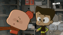 two cartoon characters are standing next to each other and the word okeo is on the bottom left