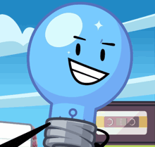 a blue light bulb with a smiling face and a cassette tape in the background