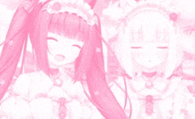 two anime girls with pink hair are standing next to each other on a pink background .