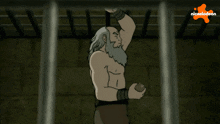 a cartoon of a man in a jail cell with a nickelodeon logo in the background