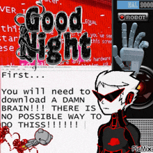 a cartoon of a robot with the words good night on top