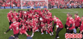 a group of soccer players are posing for a picture on a field with $ dood written below them