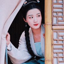 a woman with a braided ponytail looks out a window