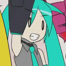 a close up of a cartoon character with blue hair