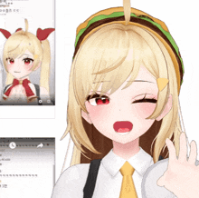a girl with blonde hair wearing a hamburger hat
