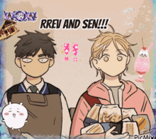 two cartoon characters are standing next to each other with the words " rrev and sen " on the bottom