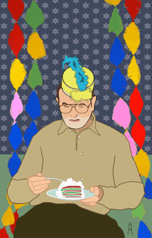 a cartoon of a man wearing a party hat eating a piece of cake