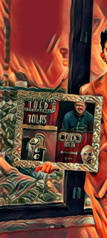 a painting of a man holding a picture frame that says folks on it