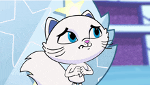 a white cat with blue eyes is standing in front of a purple background