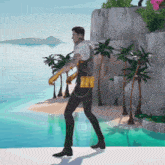 a man is walking on a beach in a video game