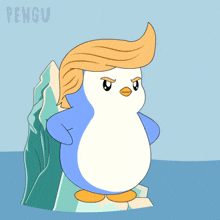 a cartoon of a penguin with a donald trump wig says im putting tariffs on you !