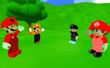a group of video game characters are standing in a field .