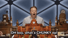 a man says oh boy what a chunky ep in front of a toy castle