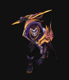 a video game character with a purple and gold outfit is running