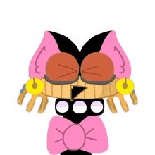 a cartoon drawing of a cat with a pink bow and earrings