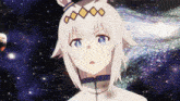 a girl with white hair and blue eyes is standing in space