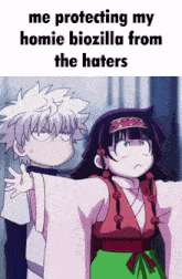 a cartoon of a boy and a girl with the words me protecting my homie biozilla from the haters