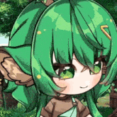 a close up of a cartoon character with green hair and big eyes