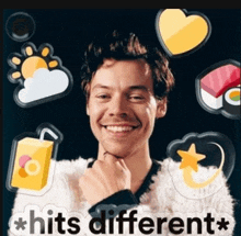 a picture of harry styles with a sticker that says ' hits different ' on it .