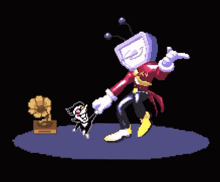 a pixel art illustration of a cartoon character dancing with a cat .