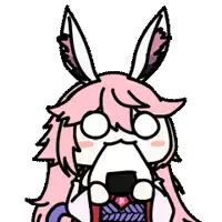a cartoon of a girl with pink hair and bunny ears holding a piece of food .