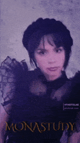 a woman in a black dress is featured on a poster for monastudy