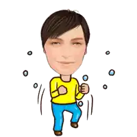 a cartoon of a man in a yellow shirt and blue jeans