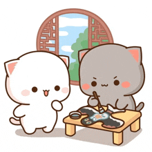 two cartoon cats are standing next to each other and one is painting on a table
