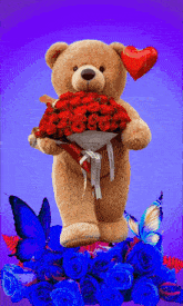 a teddy bear holding a bouquet of red roses and a heart surrounded by roses